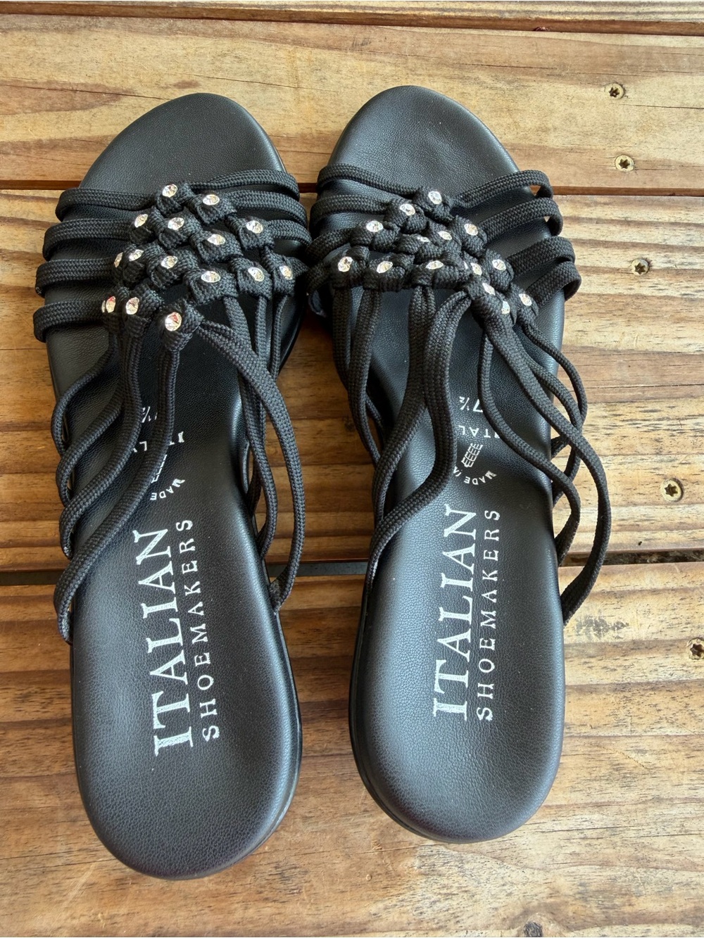Italian Shoemakers Black Rhinestone Rope Slide Sandals